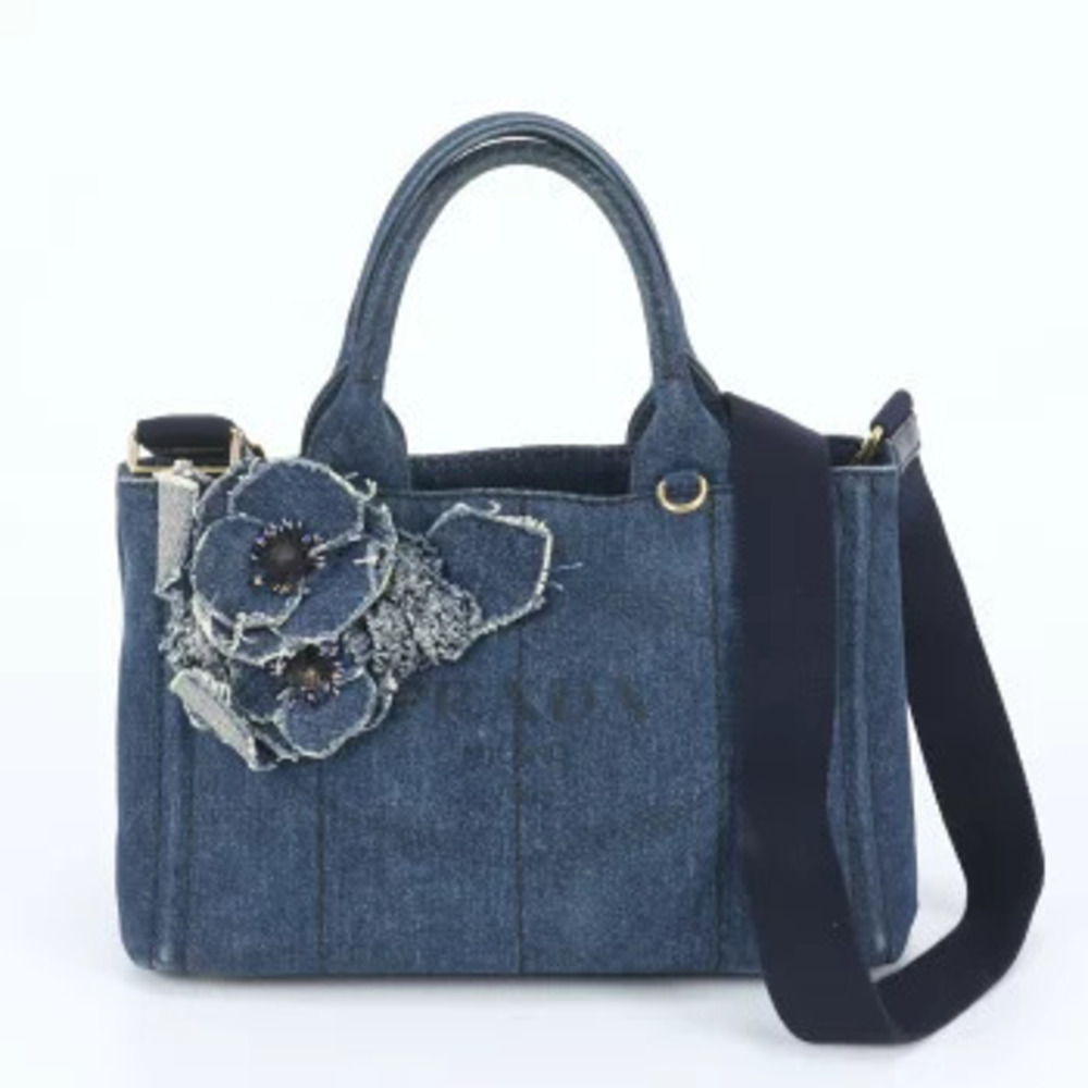 Prada Canapa Denim Flower Motif Tote 2Way Crossbody Bag Blue